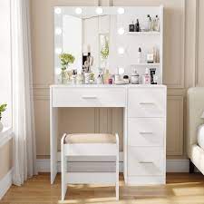 rovaurx makeup vanity table with lighted mirror makeup vanity desk with storage shelf and 4 drawers bedroom dressing table 10 led lights white