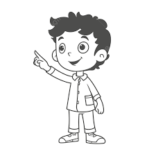 black and white cartoon boy pointing