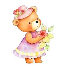cute cartoon teddy bear holding flowers