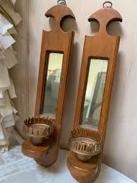Vintage Wooden Wall Sconces With Brass