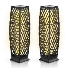 2 Pieces Solar Powered Diamond Wicker Floor Lamps With Auto Led Light Brown Costway