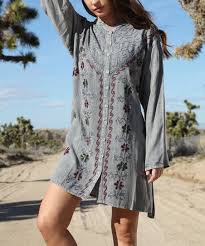 Anandas Collection Gray Embroidered Button Front T Shirt Dress Women