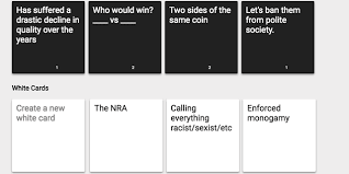 Aug 21, 2020 · the only thing better than everyone's favorite nsfw game is cards against humanity expansion packs. Wip Making A Cards Against Humanity Deck Steemit
