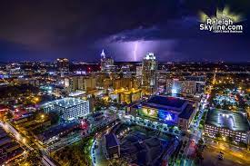 night time aerial over downtown raleigh