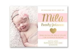 Pink And Gold Baby Girl Birth Announcement Card Digital