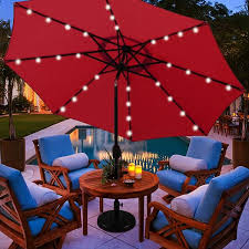 9 Ft Solar Umbrella 32 Led Lighting Patio Umbrella Table Market Umbrella With Tilt And Crank Outdoor Umbrella In Red