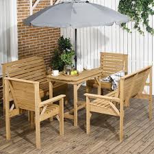 outsunny 5 piece patio furniture 6 seat outdoor dining set natural wood dinner table 2 chairs loveseats with armrests umbrella hole light brown