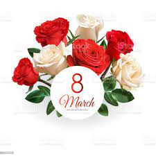 8 Mars Modèle De Carte De Vœux De La Journée De La Femme Roses Rouges Et  Blanches Réalistes Isolées Sur Le Fond Blanc Vecteurs libres de droits et  plus d'images vectorielles de
