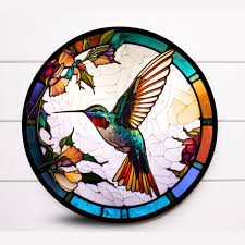Round Faux Stained Glass Hummingbird