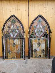 Antique Framed Stained Glass Doors Pair
