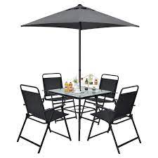 Costway 6pcs Patio Furniture Dining Set Folding Chairs Glass Table W Umbrella Deck Grey