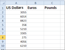 pounds euros in excel