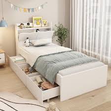 White Wood Twin Xl Size Bed Storage Bed