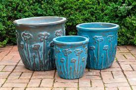 Glazed Blue Poppy Design Garden Pots