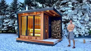 modern sauna in a winter wonderland