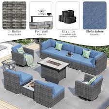 Hooowooo Messi Grey 11 Piece Wicker Outdoor Patio Fire Pit Conversation Sofa Set With Swivel Chairs And Denim Blue Cushions