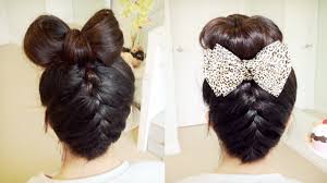 Now, take a chunk of hair on the side of your head, and place the middle of the ribbon underneath it. Upside Down French Braid Hair Bow Sock Bun Updo Hair Tutorial Bebexo Youtube