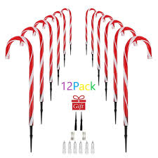 Walsport Christmas Candy Cane Pathway Lights Markers Holiday Walkway Lights Outdoor Ornaments Garden Stakes Set Of 12 For Yard Lawn Xmas Outside