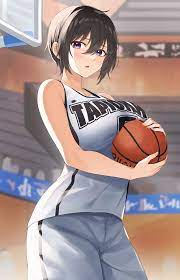 tapioka (oekakitapioka), original, commentary request, highres, 1girl,  ball, bare shoulders, basketball, basketball (object), basketball uniform,  black hair, breasts, holding, holding ball, large breasts, looking at  viewer, open mouth, purple eyes ...