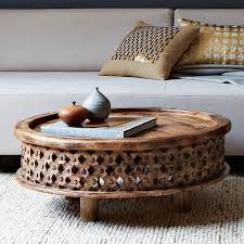 Round Lattice Carved Wood Coffee Table