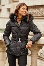 Short Belted Fur Hood Padded Coat
