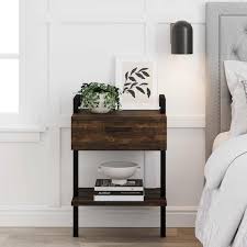 Nathan James Jenny Rustic Wall Mount Nightstand With Drawer And Storage Shelf Nutmeg Wood And Black Metal Frame Brown