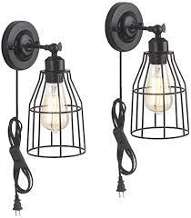 Zz Joakoah 2 Pack Rustic Wall Sconce With Plug In Cord And Toggle Switch Black Metal Cage Industrial Wall Lamp Light Fixture For Headboard Bedroom Farmhouse Garage Porch Bathroom Vanity Amazon Com