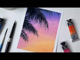 Watercolor Painting Sunset Palm Tree
