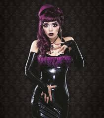 purple hair latex dress feathers