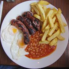 sausages eggs chips and beans food