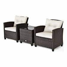 Costway 3pcs Patio Rattan Furniture Set Cushioned Sofa Coffee Table Off White