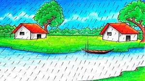 how to draw a scenery of rainy season