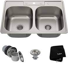 The thicker the stainless steel of your sink is, the less noise it'll condensation can cause significant damage to your kitchen furniture and cabinets. Kraus Ktm33 33 Inch Topmount 50 50 Double Bowl 18 Gauge Stainless Steel Kitchen Sink Amazon Com
