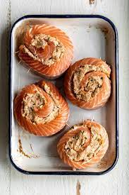 crab stuffed salmon pinwheels cooking