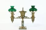 Victorian Antique Brass Double Student Desk Oil Lamp, Emerald Shades