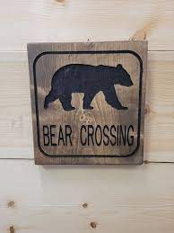 Bear Crossing Icon Carved Rustic Wood