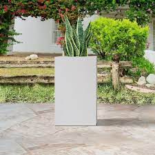 Plantara 20 In H Solid White Concrete Square Plant Pot Tall Flower Pot With Drainage Hole For Outdoor Garden