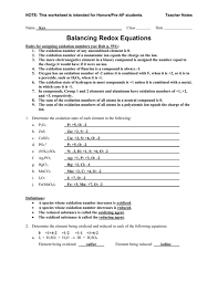 Worksheet Balancing Redox Equations