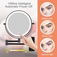 8 Inch Round 1x 10x Magnifying Wall Mounted Bathroom Makeup Mirror In Black 3 Colors Led Lights