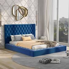 Blue Queen Size Upholstery Platform Bed