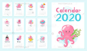 Vector Cartoon Illustration Of 2020 Year Calendar Set With Cute Pink Octopus Character Template For Print Vertical Layout White Background