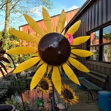 upcycled metal sunflower yard art
