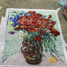 china red flower mural design stained