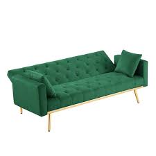 Green 73 2 In Upholstered Sleeper Sofa Velvet Futon Sofa Bed 3 Seater On Tufted With 2 Pillows Gold Metal Legs