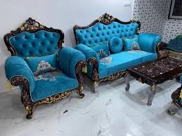 Teak Wood Blue Wooden Sofa Table Set