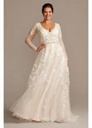 Lace embroidery half sleeve wedding dresses long train gown v neck plus size. Illusion Sleeve Plunging Plus Size Wedding Dress David S Bridal