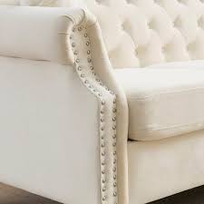 Harper Bright Designs 79 In Wide Rolled Arm Velvet Rectangular Sofa With Tufted Nailhead Design And 2 Pillows In Beige
