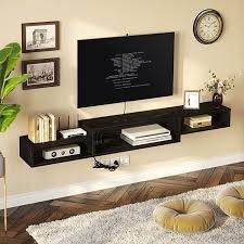 Rolanstar Tv Stand 59 Floating Tv Stand With Power Led Light Black Wall Mounted Entertainment Center With Storage Media Console Shelf
