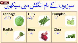 vegetables names in urdu and english
