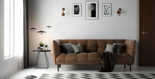 living room with dark brown sofa